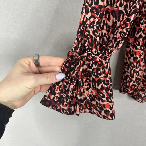 Karen Millen Womens Top 2 Red Leopard Button Blouse Cold Shoulder Bell Sleeve - Picture 4 of 13